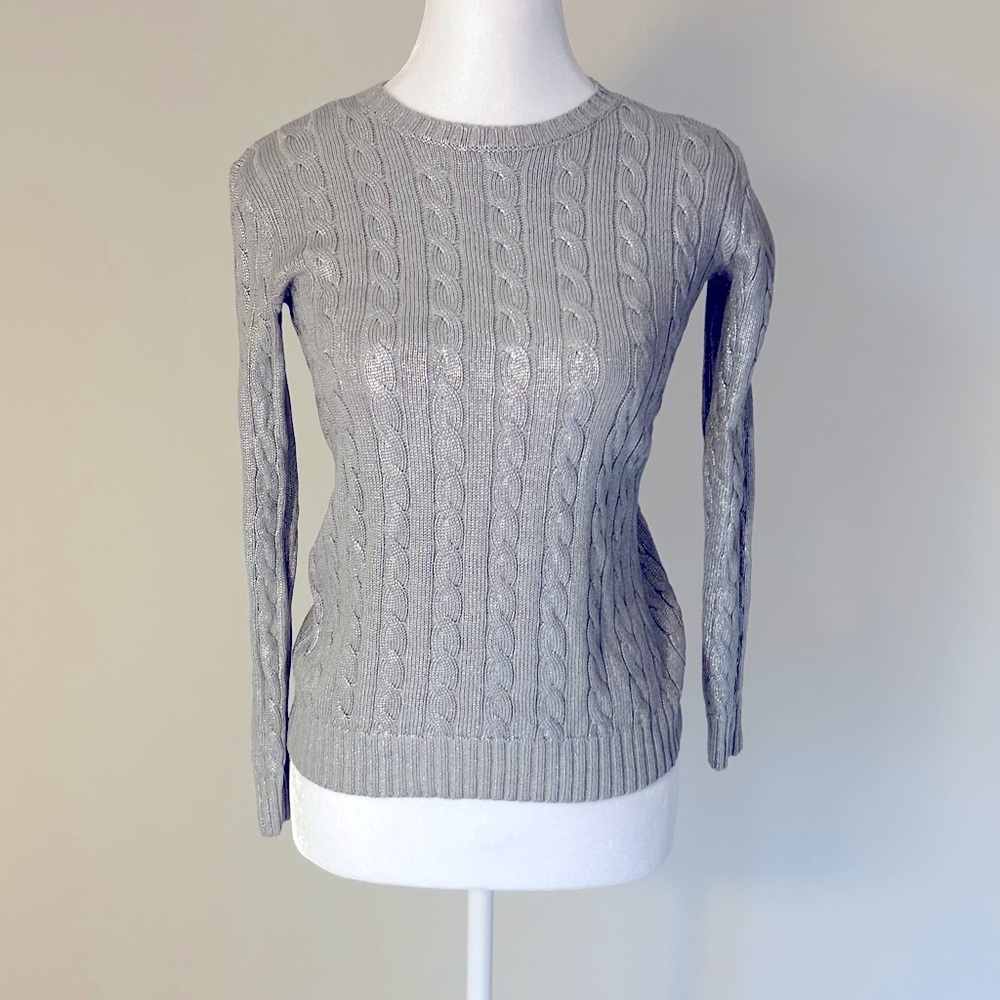A beauty! Ralph Lauren Sweater Metallic Silver Cable Knit Crewneck Pullover XS